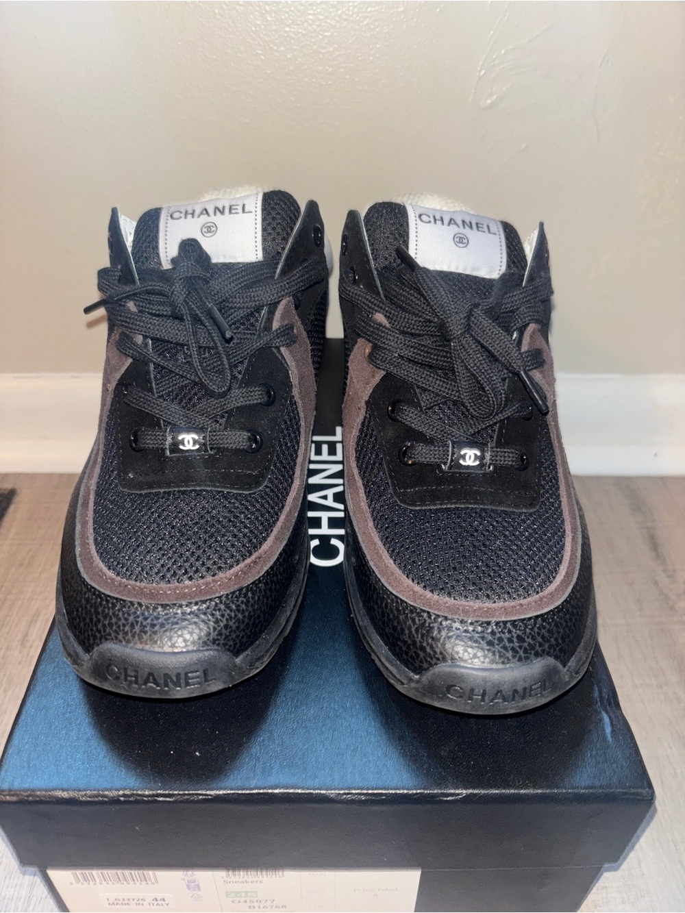 CHANEL Black and Brown Suede-Trim Lace-Up Sneakers